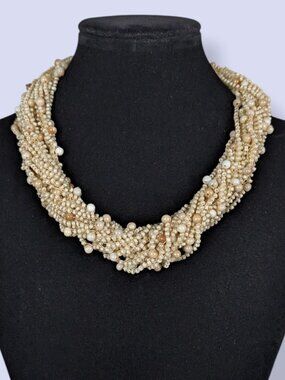 White & Beige Beaded Torsade Necklace